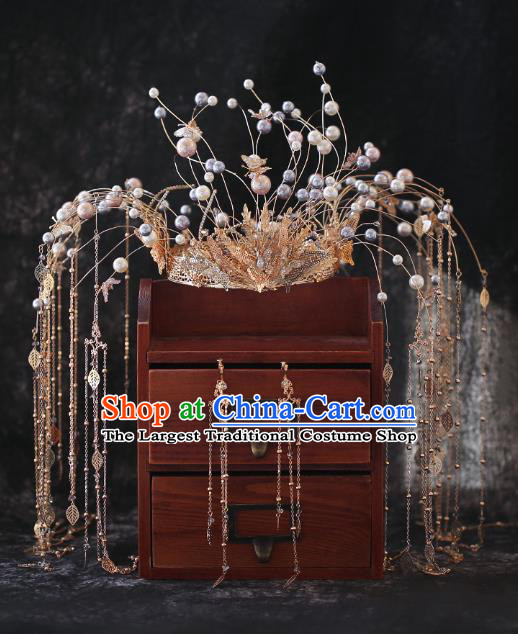 Chinese Traditional Ancient Bride Beads Phoenix Coronet Wedding Hair Accessories for Women