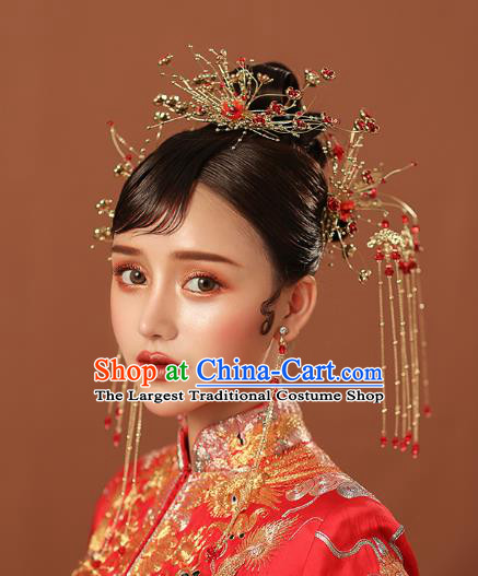 Chinese Traditional Wedding Bride Red Flower Hair Comb and Tassel Hairpins Hair Accessories for Women