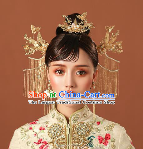 Chinese Traditional Wedding Bride Golden Butterfly Hair Comb and Tassel Hairpins Hair Accessories for Women