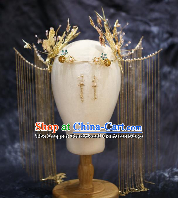 Chinese Traditional Hanfu Golden Cranes Hair Clasp Tassel Hairpins Ancient Princess Hair Accessories for Women