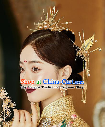 Chinese Traditional Hanfu Golden Leaf Hair Comb Tassel Hairpins Ancient Princess Hair Accessories for Women