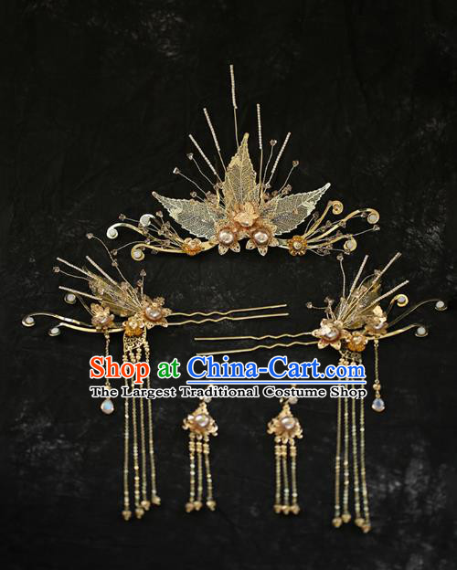 Chinese Traditional Hanfu Golden Leaf Hair Comb Tassel Hairpins Ancient Princess Hair Accessories for Women