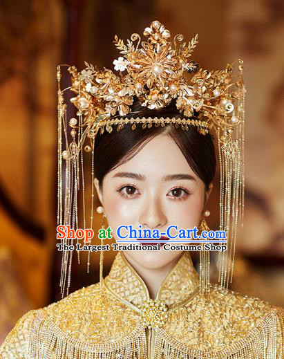 Chinese Traditional Ancient Bride Headdress Golden Flowers Phoenix Coronet Wedding Hair Accessories for Women