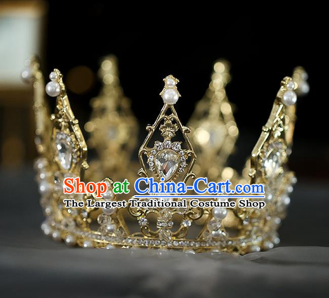 Top Grade Baroque Bride Golden Crystal Round Royal Crown Wedding Queen Hair Accessories for Women