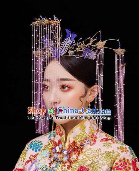 Chinese Traditional Ancient Bride Headdress Purple Tassel Phoenix Coronet Wedding Hair Accessories for Women