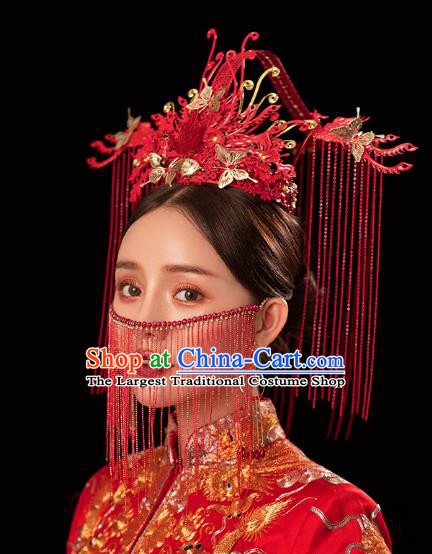 Chinese Traditional Ancient Bride Headdress Red Tassel Phoenix Coronet Wedding Hair Accessories for Women