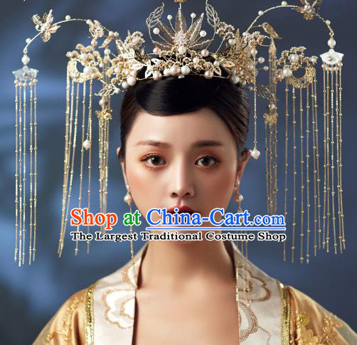 Chinese Traditional Ancient Golden Leaf Phoenix Coronet Hairpins Bride Headdress Wedding Hair Accessories for Women