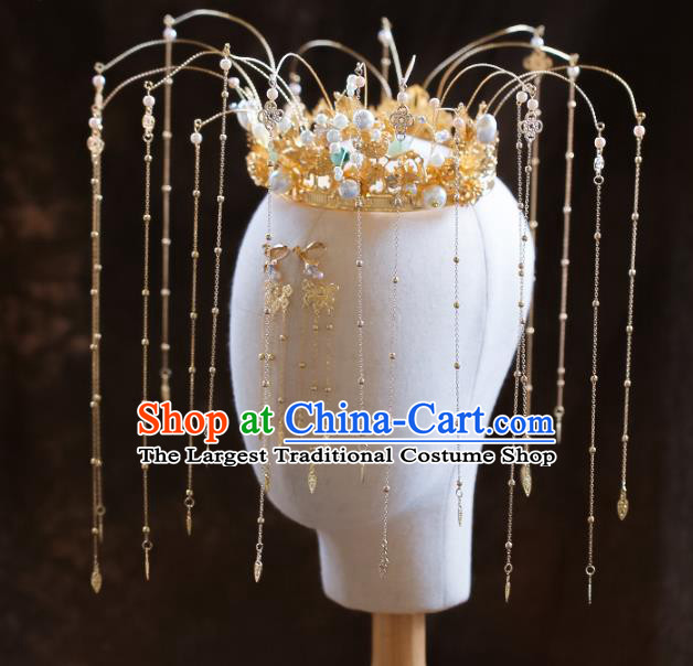 Chinese Traditional Ancient Golden Phoenix Coronet Hairpins Bride Headdress Wedding Hair Accessories for Women