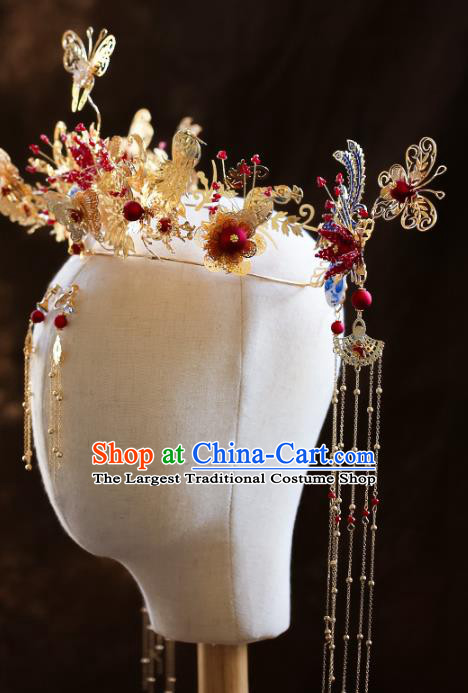 Chinese Ancient Red Pomegranate Flower Phoenix Coronet Hairpins Bride Headdress Traditional Wedding Hair Accessories for Women