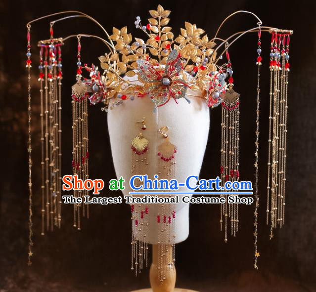 Chinese Ancient Blue Butterfly Phoenix Coronet Hairpins Bride Headdress Traditional Wedding Hair Accessories for Women