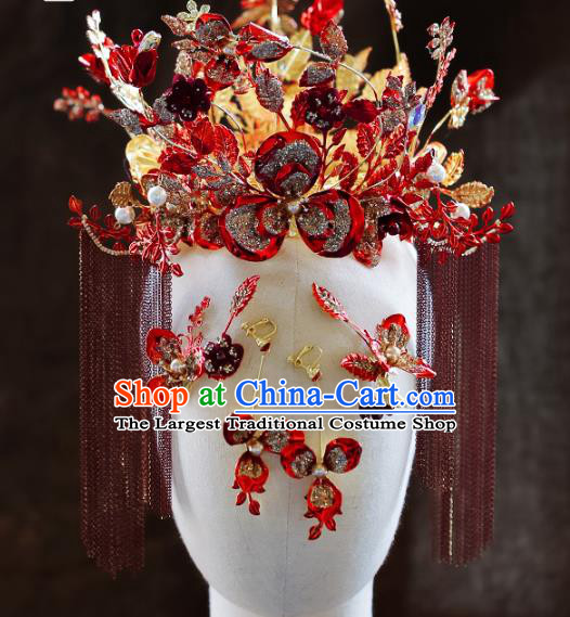 Chinese Ancient Red Flowers Phoenix Coronet Hairpins Bride Headdress Traditional Wedding Hair Accessories for Women