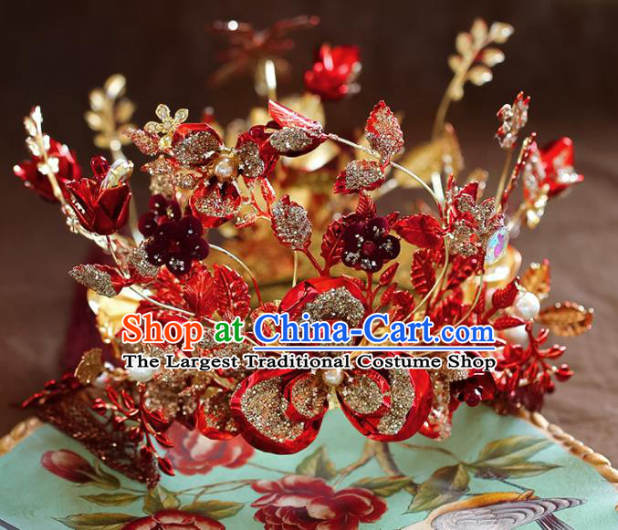 Chinese Ancient Red Flowers Phoenix Coronet Hairpins Bride Headdress Traditional Wedding Hair Accessories for Women