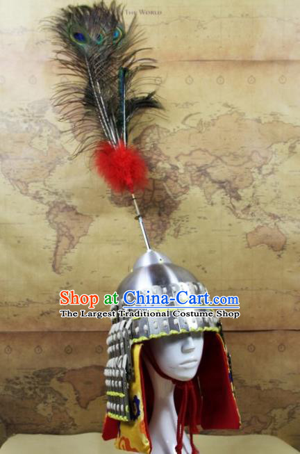 Chinese Traditional Yuan Dynasty General Argent Helmet Ancient Soldier Hat Headwear for Men