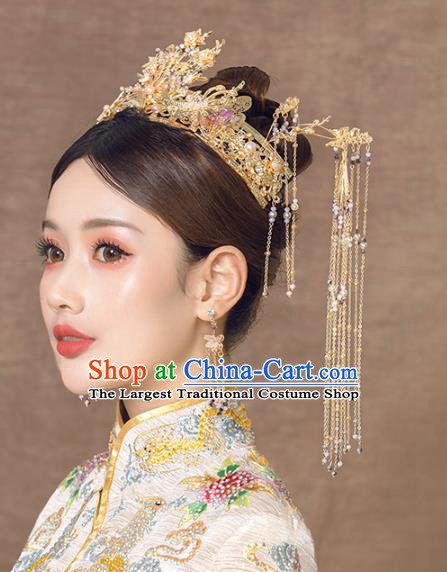 Chinese Wedding Headdress Golden Phoenix Coronet Traditional Ancient Bride Hair Accessories for Women