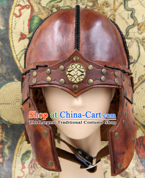 Chinese Traditional Yuan Dynasty General Brown Leather Helmet Ancient Soldier Hat Headwear for Men