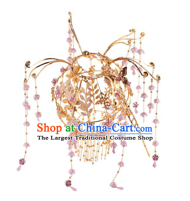 Chinese Ancient Wedding Bridal Portable Lantern Traditional Bride Pink Flowers Tassel Lanterns for Women