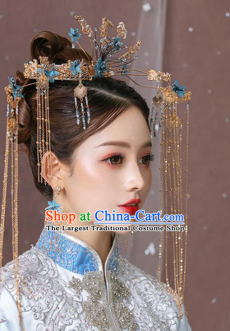 Chinese Ancient Bride Headdress Blue Flowers Phoenix Coronet Traditional Wedding Hair Accessories for Women