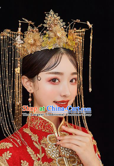 Chinese Ancient Bride Headdress Golden Phoenix Coronet Traditional Wedding Hair Accessories for Women