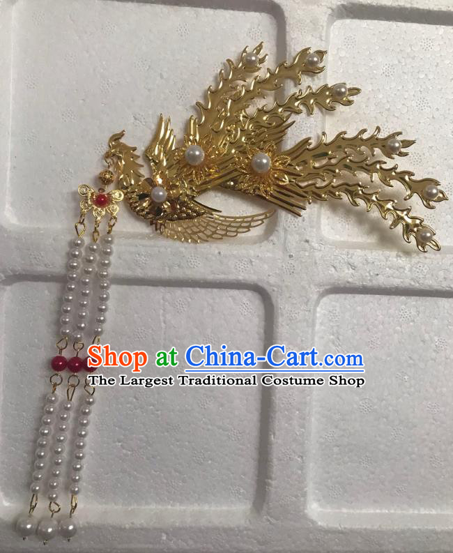 Chinese Ancient Opera Pearls Tassel Golden Phoenix Hair Comb Traditional Hanfu Hair Accessories for Women
