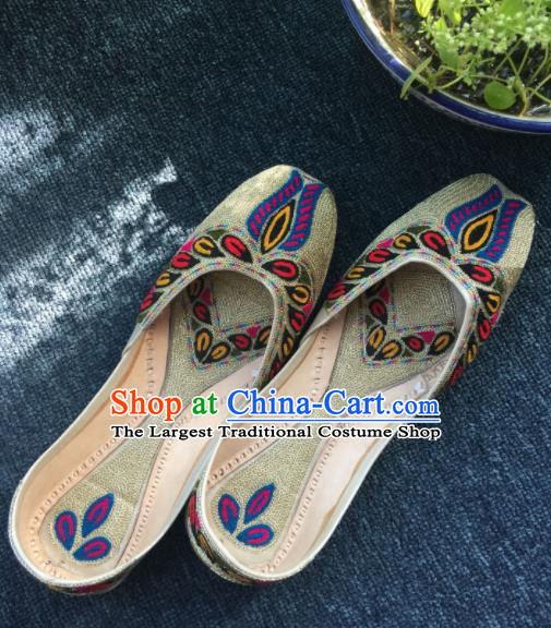 Asian India Traditional Embroidered Light Golden Leather Shoes Indian Handmade Shoes for Women