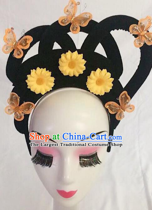 Traditional Chinese Opera Lady Wig Sheath and Orange Butterfly Hairpins Headdress Peking Opera Diva Hair Accessories for Women