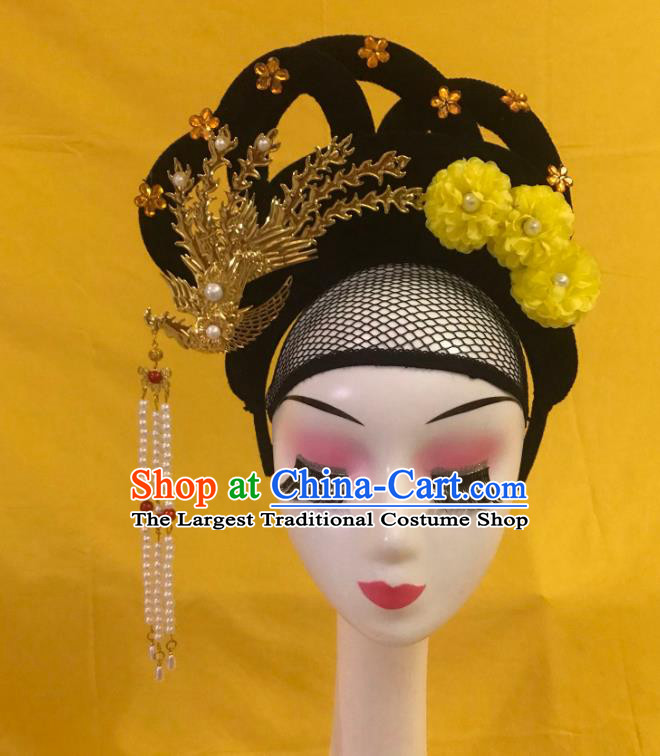 Traditional Chinese Opera Wig and Yellow Flower Phoenix Hairpins Headdress Peking Opera Diva Hair Accessories for Women