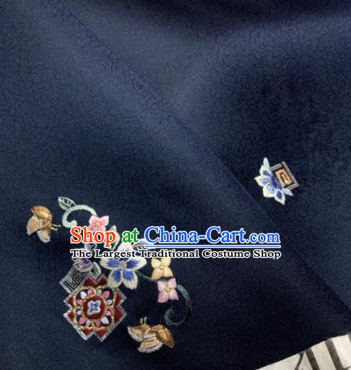 Chinese Traditional Classical Embroidered Pattern Design Navy Silk Fabric Asian Hanfu Material