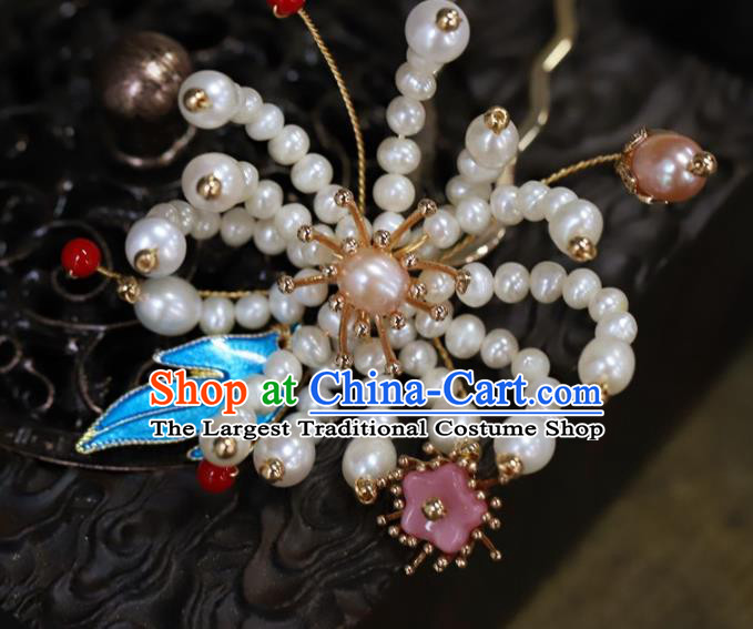 Traditional Chinese Handmade Pearls Chrysanthemum Hairpin Headdress Ancient Hanfu Hair Accessories for Women