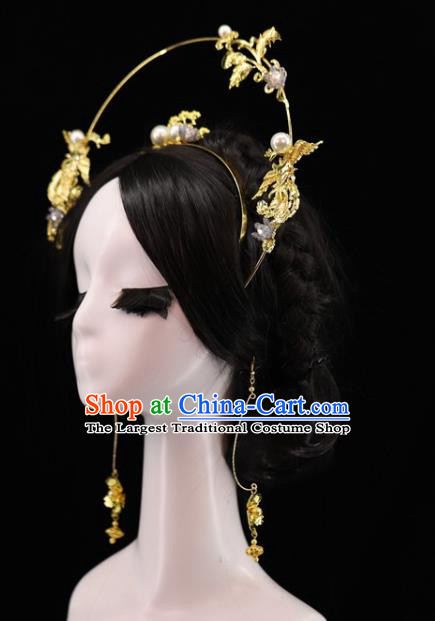 Traditional Chinese Tang Dynasty Golden Crane Pine Hair Crown Headdress Ancient Queen Hair Accessories for Women