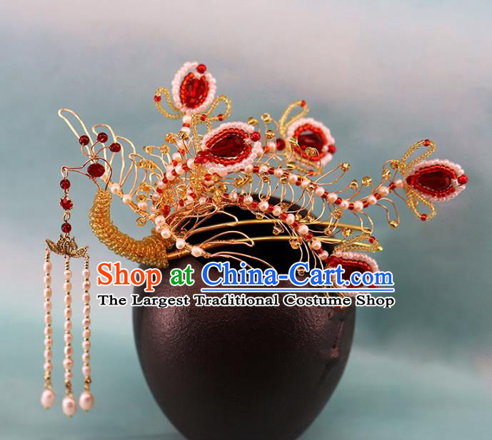 Traditional Chinese Handmade Golden Phoenix Tassel Hairpins Headdress Ancient Hanfu Hair Accessories for Women