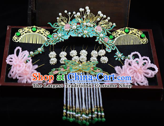 Traditional Chinese Qing Dynasty Tassel Hairpins Hair Comb Headdress Ancient Queen Hair Accessories Complete Set for Women