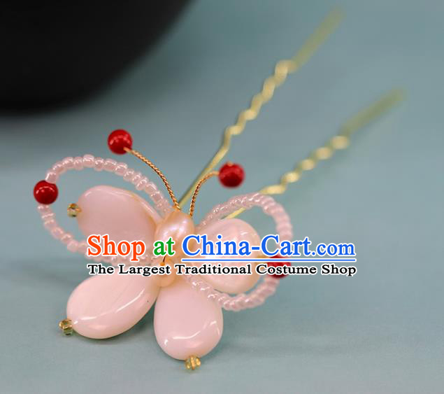 Traditional Chinese Handmade Pink Shell Butterfly Hairpins Headdress Ancient Hanfu Hair Accessories for Women