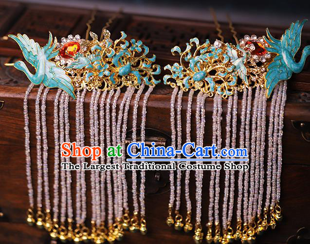 Traditional Chinese Handmade Crane Tassel Hairpins Headdress Ancient Hanfu Hair Accessories for Women