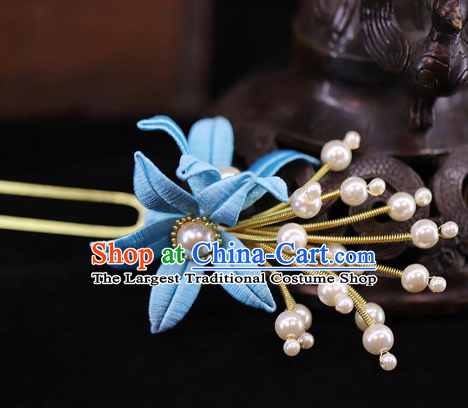Traditional Chinese Handmade Blue Flower Hairpins Headdress Ancient Hanfu Hair Accessories for Women