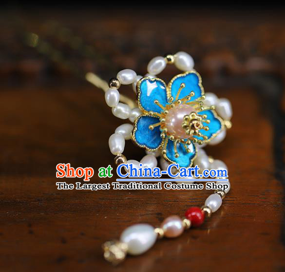Traditional Chinese Handmade Pearls Plum Blossom Tassel Hairpins Headdress Ancient Hanfu Hair Accessories for Women