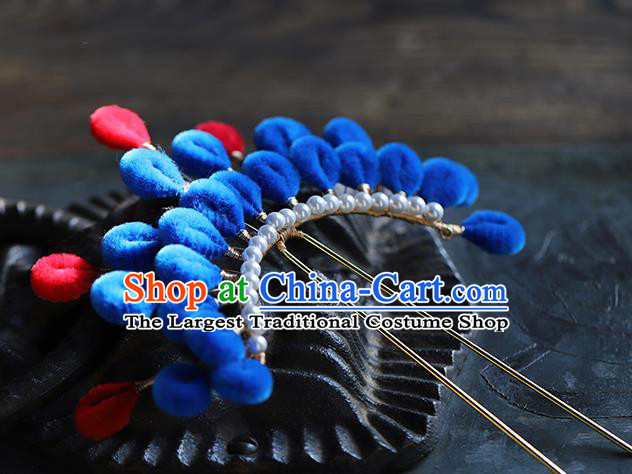 Traditional Chinese Handmade Royalblue Velvet Hairpins Headdress Ancient Hanfu Hair Accessories for Women