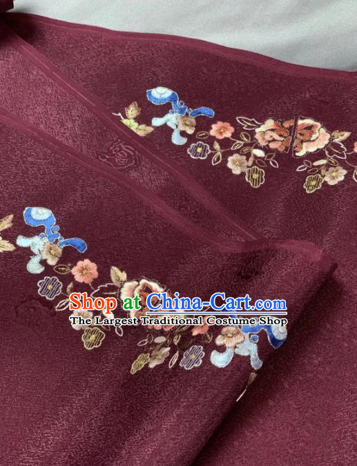 Chinese Classical Embroidered Lucky Flowers Pattern Design Wine Red Silk Fabric Asian Traditional Hanfu Material