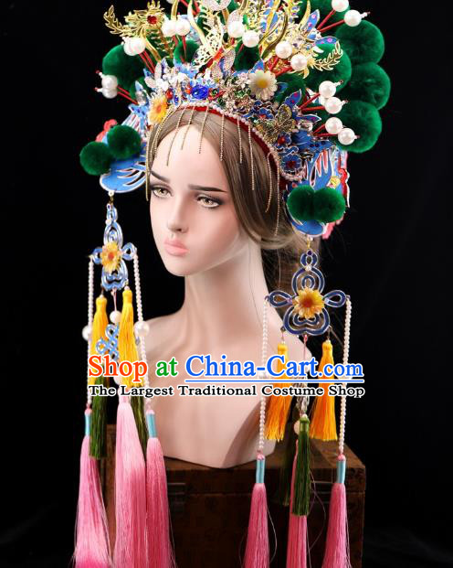 Traditional Chinese Opera Green Venonat Phoenix Coronet Headdress Peking Opera Diva Hair Accessories for Women