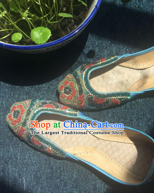Asian India Traditional Embroidered Beads Blue Leather Shoes Indian Handmade Shoes for Women