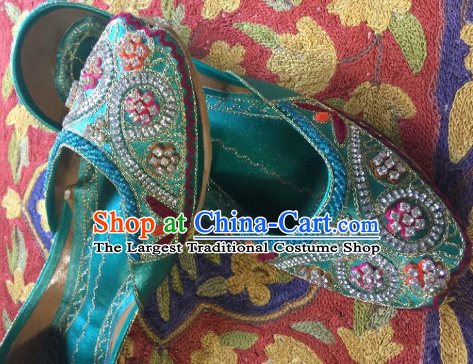 Asian India Traditional Embroidered Green Crystal Shoes Indian Handmade Shoes for Women