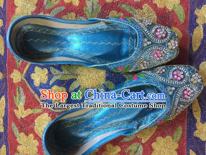 Asian India Traditional Embroidered Blue Crystal Shoes Indian Handmade Shoes for Women