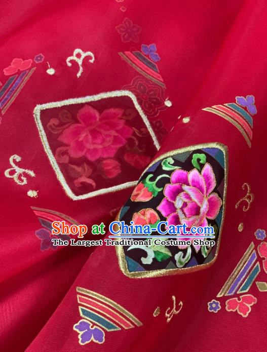 Chinese Classical Embroidered Peony Pattern Design Red Silk Fabric Asian Traditional Hanfu Material