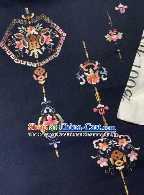Chinese Classical Peach Flowers Pattern Design Navy Silk Fabric Asian Traditional Hanfu Brocade Material