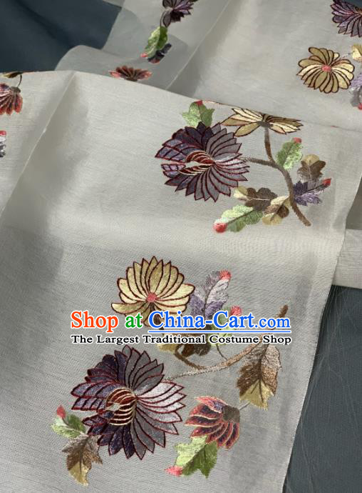 Chinese Classical Embroidered Chrysanthemum Pattern Design White Silk Fabric Asian Traditional Hanfu Brocade Material