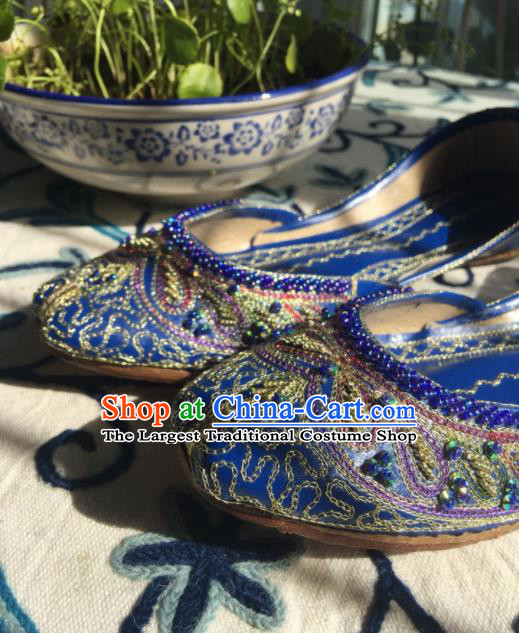 Asian India Traditional Bride Embroidered Royalblue Leather Shoes Indian Handmade Shoes for Women