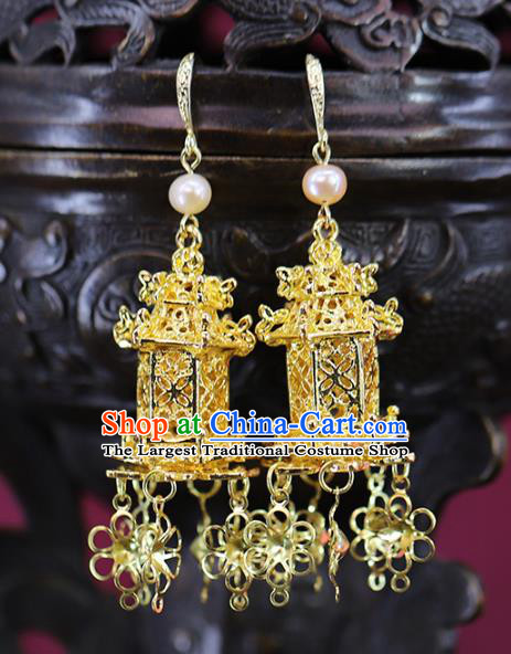 Traditional Chinese Handmade Qing Dynasty Golden Earrings Ancient Hanfu Ear Accessories for Women