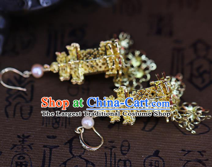 Traditional Chinese Handmade Qing Dynasty Golden Earrings Ancient Hanfu Ear Accessories for Women