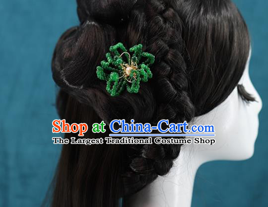 Traditional Chinese Handmade Green Beads Chrysanthemum Hairpins Headdress Ancient Hanfu Hair Accessories for Women