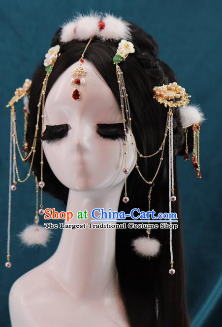 Traditional Chinese White Fur Tassel Hairpins Headdress Ancient Princess Hair Accessories for Women
