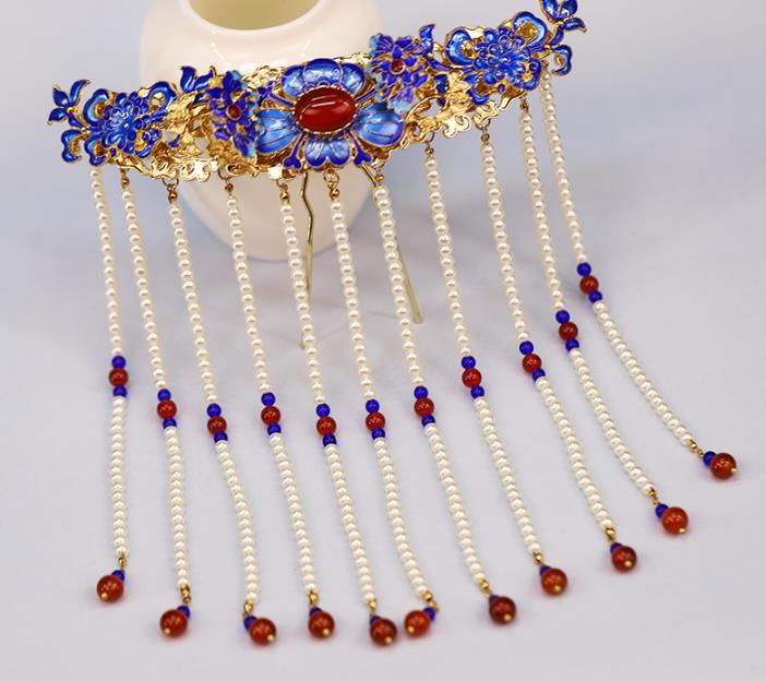 Traditional Chinese Handmade Pearls Tassel Cloisonne Hairpins Headdress Ancient Hanfu Hair Accessories for Women